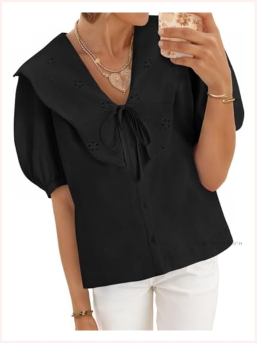 Cotton Peter Pan Collar Puff Sleeve Button Down Blouse